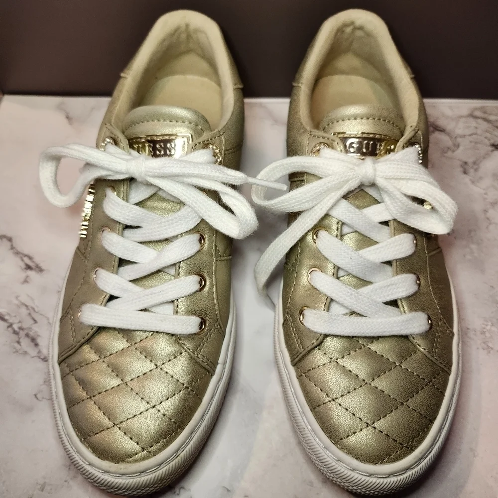 GUESS Size 6.5 Metallic Gold Bling Sneakers - Picture 1 of 7